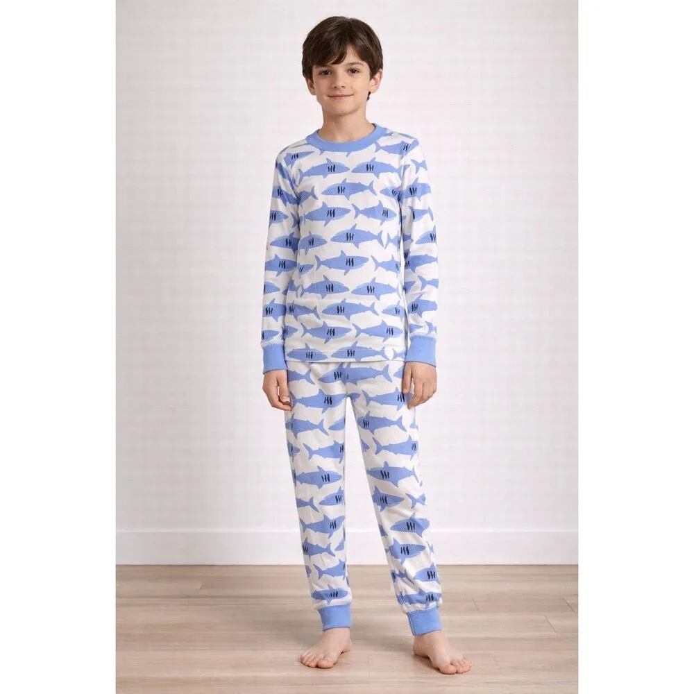 HANNA ANDERSSON‎ 100% Organic Cotton Shark Pajama 8 Set Kids White & Blue